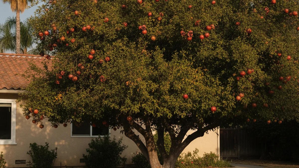 A mature pomegranate tree with ripening red fruit in a San Diego backyard