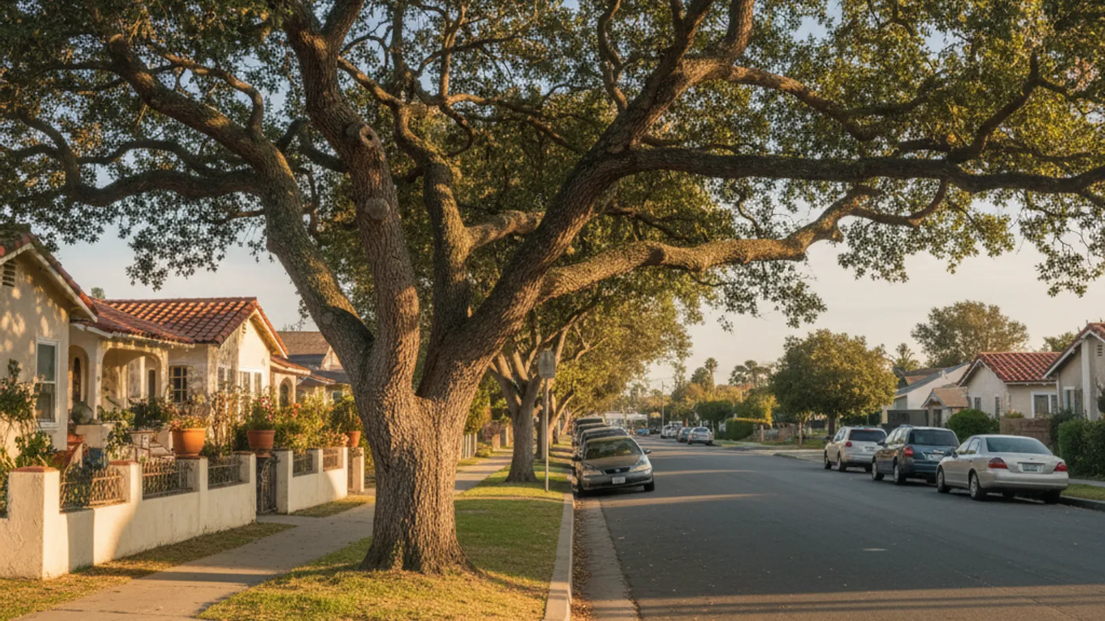 A mature street tree growing in the parkway strip between the sidewalk and the curb on a residential San Diego street, with single-story homes behind it under warm afternoon light.