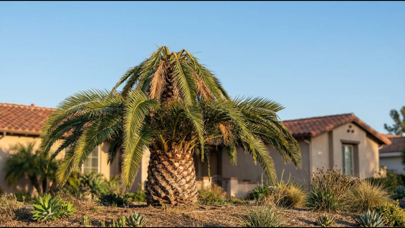 A tall Canary Island date palm in a San Diego yard with its central crown collapsed and folding downward, the early sign of palm weevil damage
