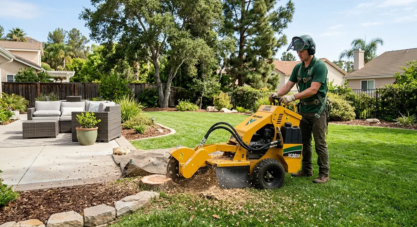 A clean, manicured lawn in a suburban Rancho Bernardo backyard with a tree stump grinder working on a small stump near a patio.