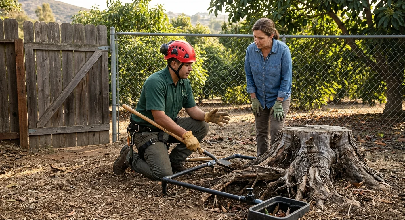 Illustration of a homeowner and a stump professional reviewing a stump beside a side gate and irrigation