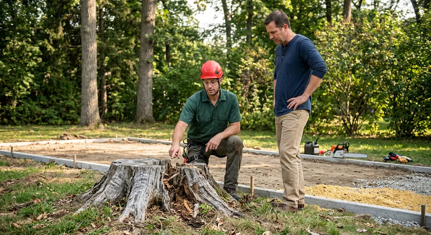 Homeowner and stump professional reviewing an old stump beside a planned patio