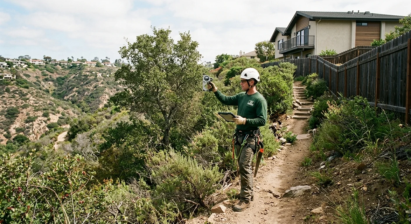 Person with a handheld device and tablet standing on a canyon-side path