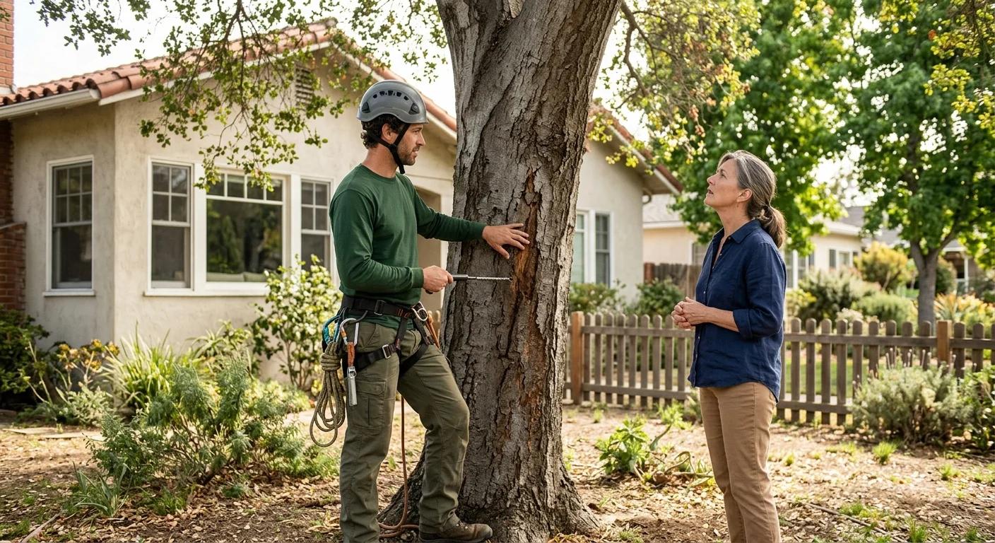 Two people standing beside a scarred tree trunk, one holding a slender tool against the bark