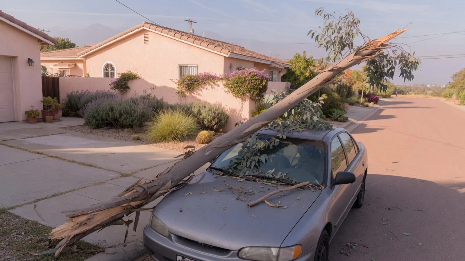 Fallen tree limb resting across a parked car in a San Diego driveway