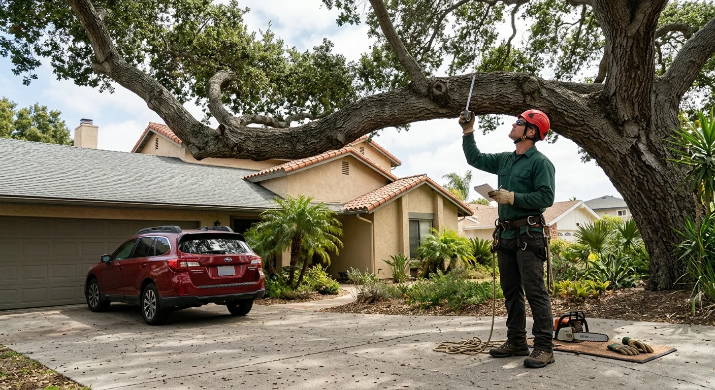 Independent tree pro on the ground assessing a mature limb over a San Diego roof and driveway
