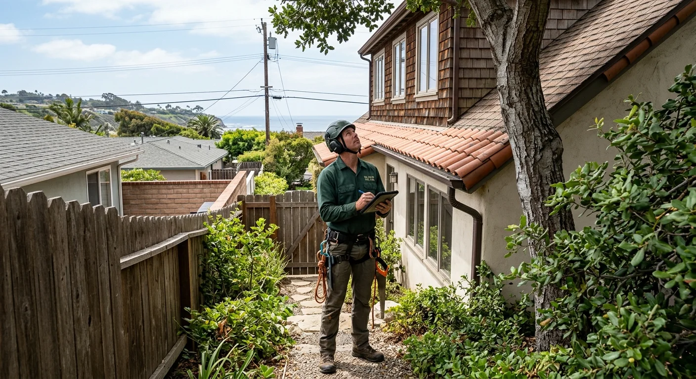 Person holding a tablet and looking up beside a house and tree