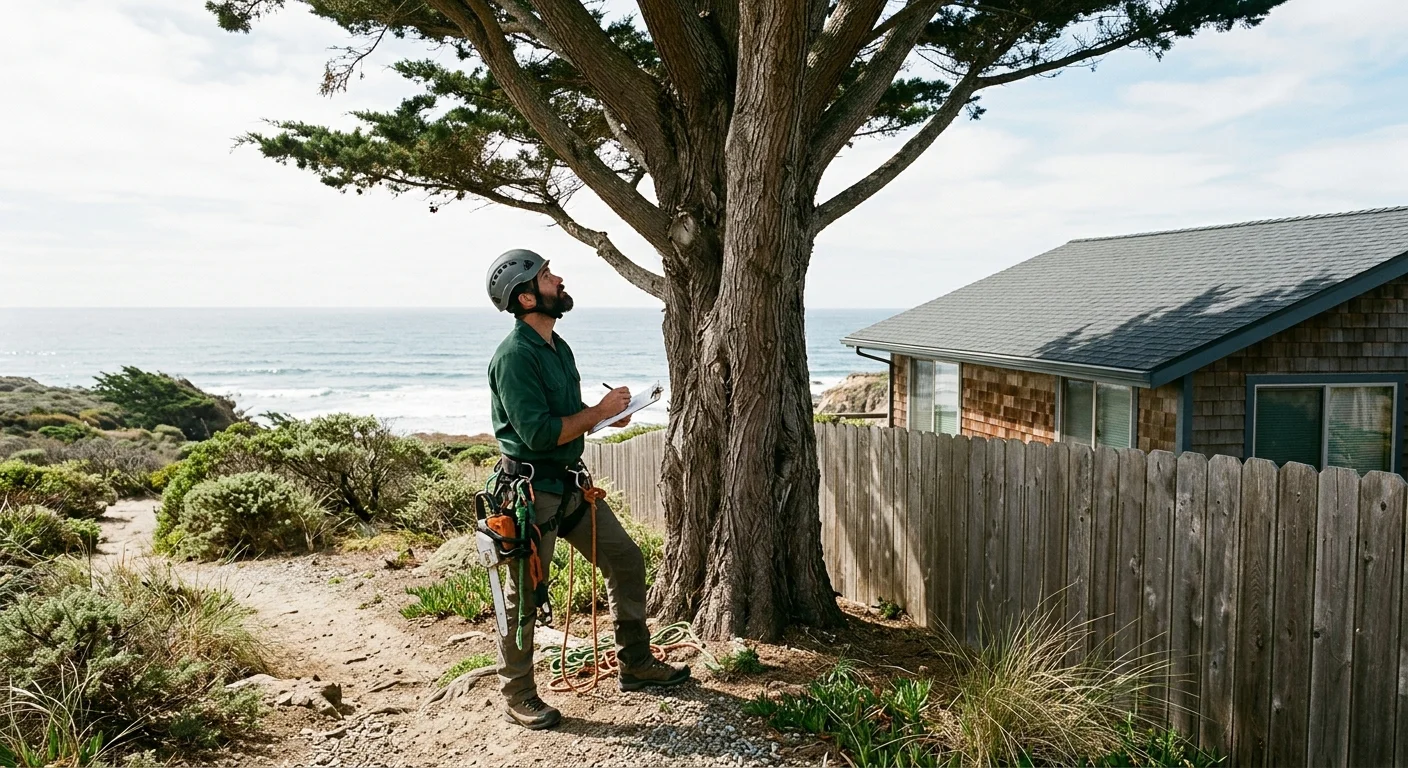 Independent tree professional assessing pruning access on an Oceanside lot with a roof and fence nearby