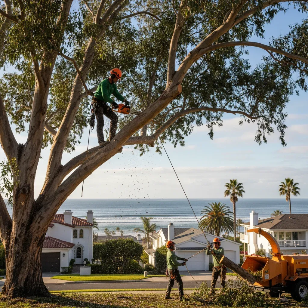 Professional tree removal crew working on a large tree in a residential backyard with coastal homes in the background.