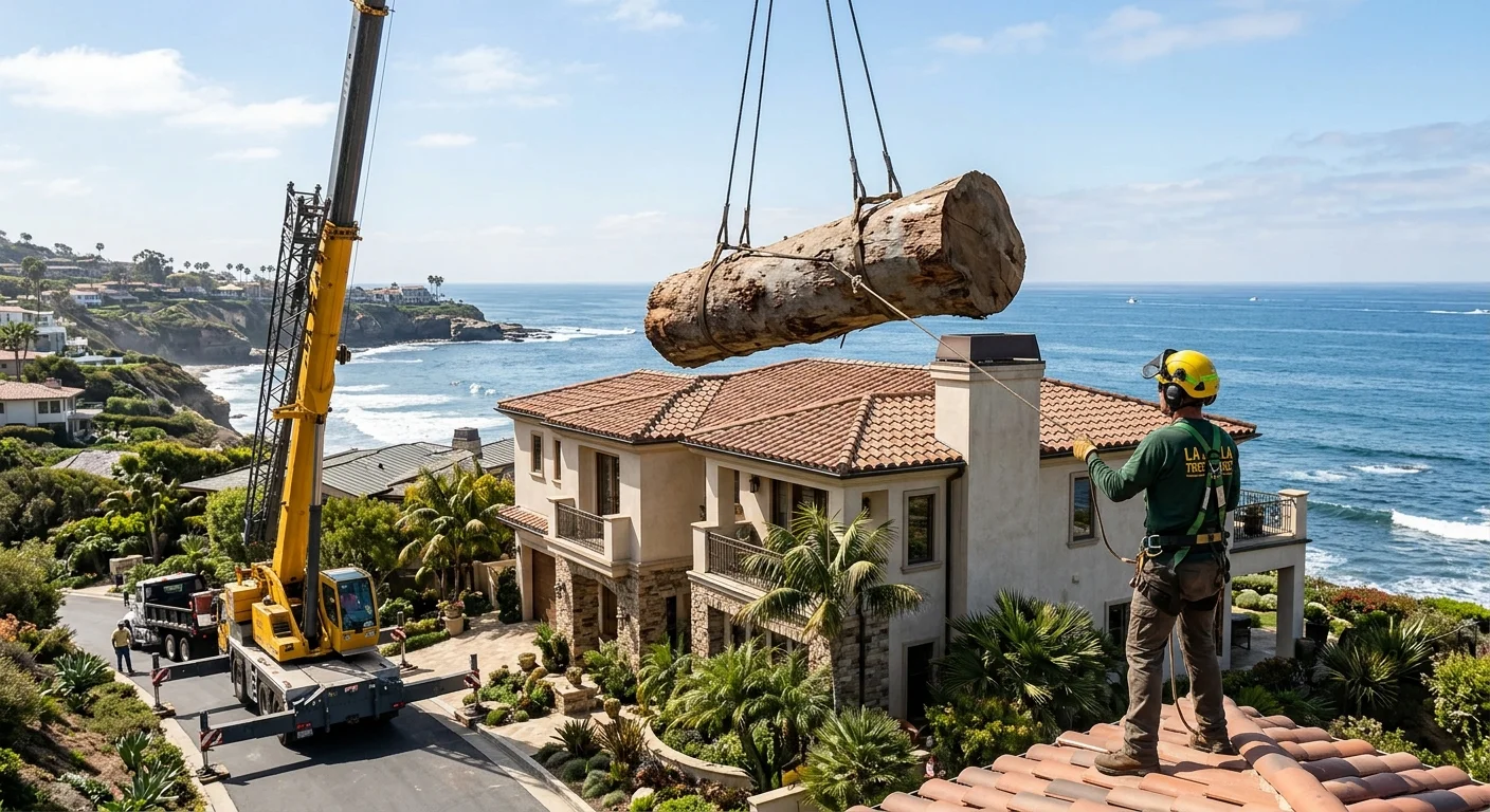 A crane carefully lifting a large piece of a tree over a beautiful home in La Jolla with the Pacific Ocean visible in the background.