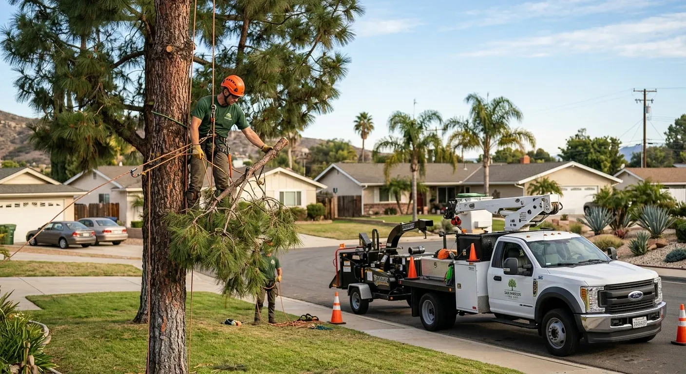 A clean tree service truck and wood chipper parked on a suburban street in San Marcos, CA, with arborists carefully lowering a large branch from a pine tree in a front yard.