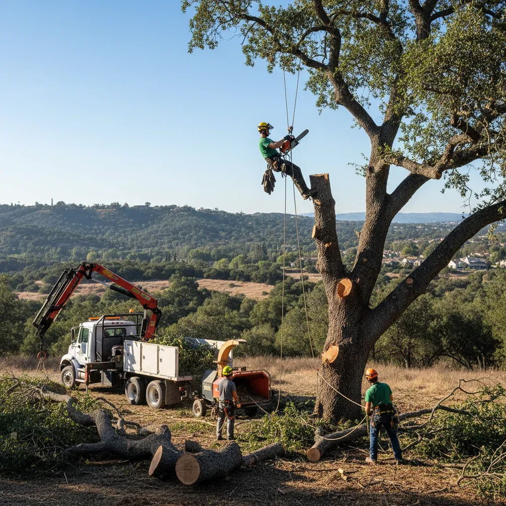 A professional arborist carefully rigging a large tree branch for removal in a Poway backyard.