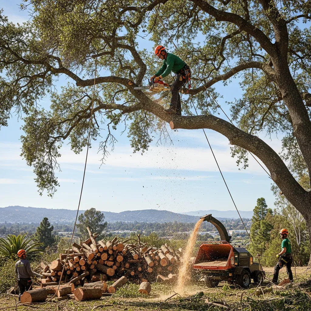 Arborist crew removing a large eucalyptus from a San Diego backyard