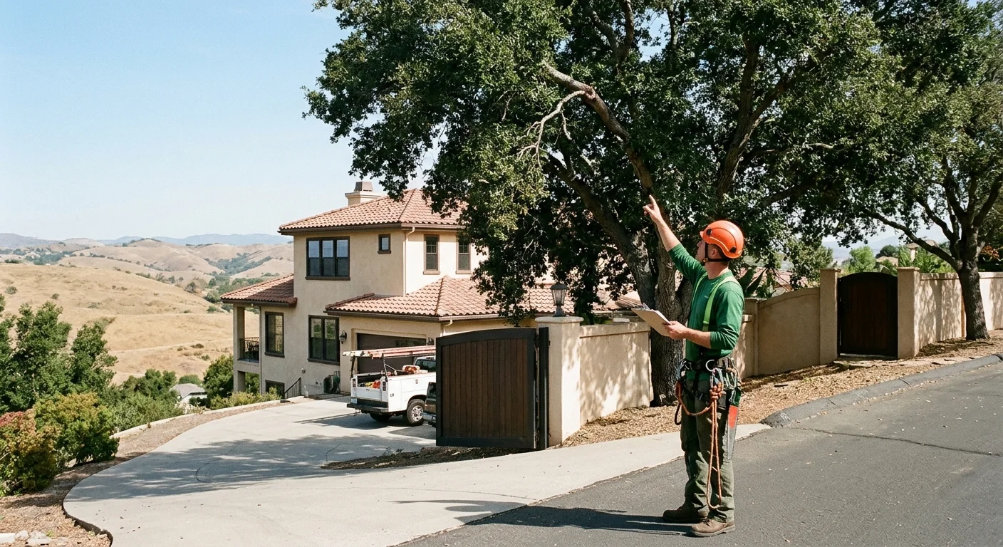 Independent tree professional planning a removal beside a Vista hillside home