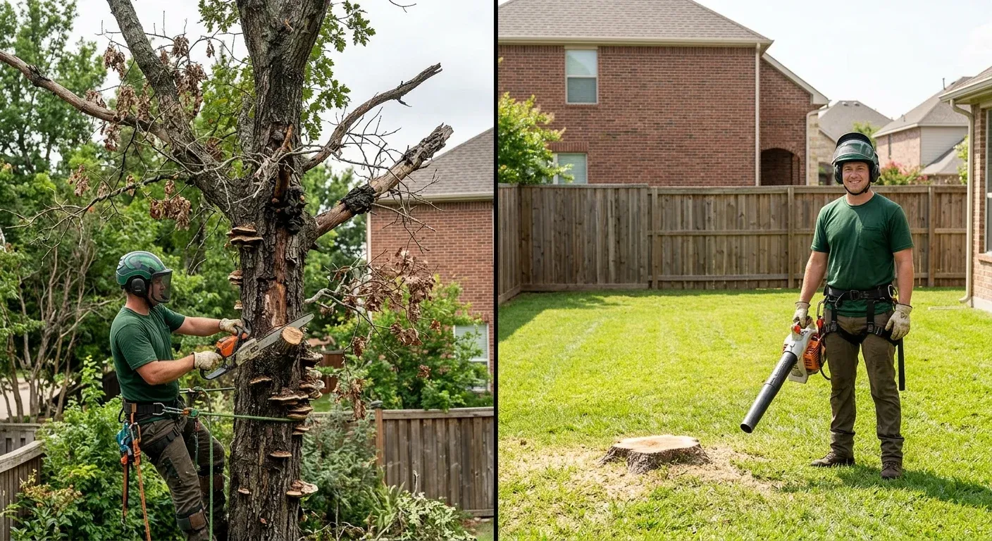 A split image showing on the left, a diseased tree with dead branches and fungus, and on the right, a clear, open yard after the tree's removal.