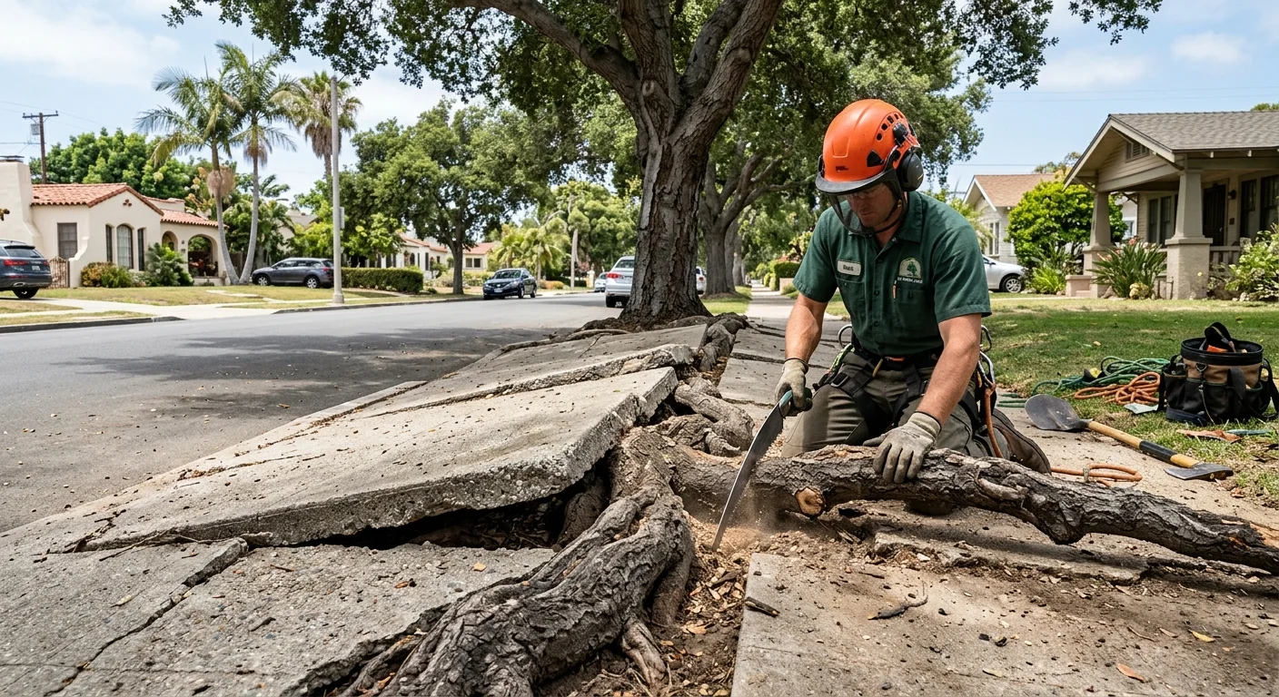 A cracked concrete sidewalk in a San Diego neighborhood being lifted by large, invasive tree roots.