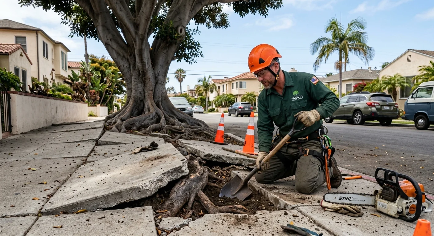 A cracked and lifted sidewalk in a San Diego neighborhood like Pacific Beach, caused by the large surface roots of a mature ficus tree.