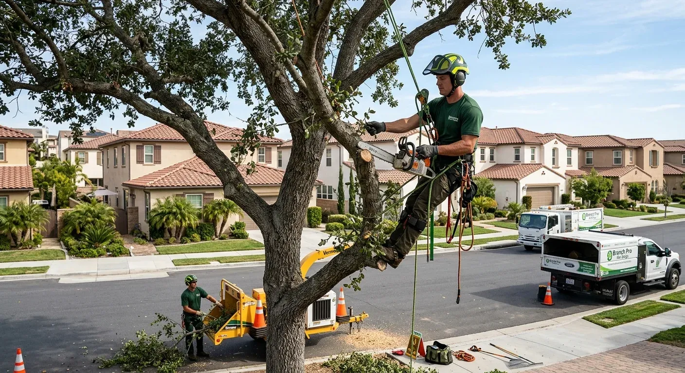 Branch Pro San Diego crew working on a large tree in a modern suburban development in Chula Vista.