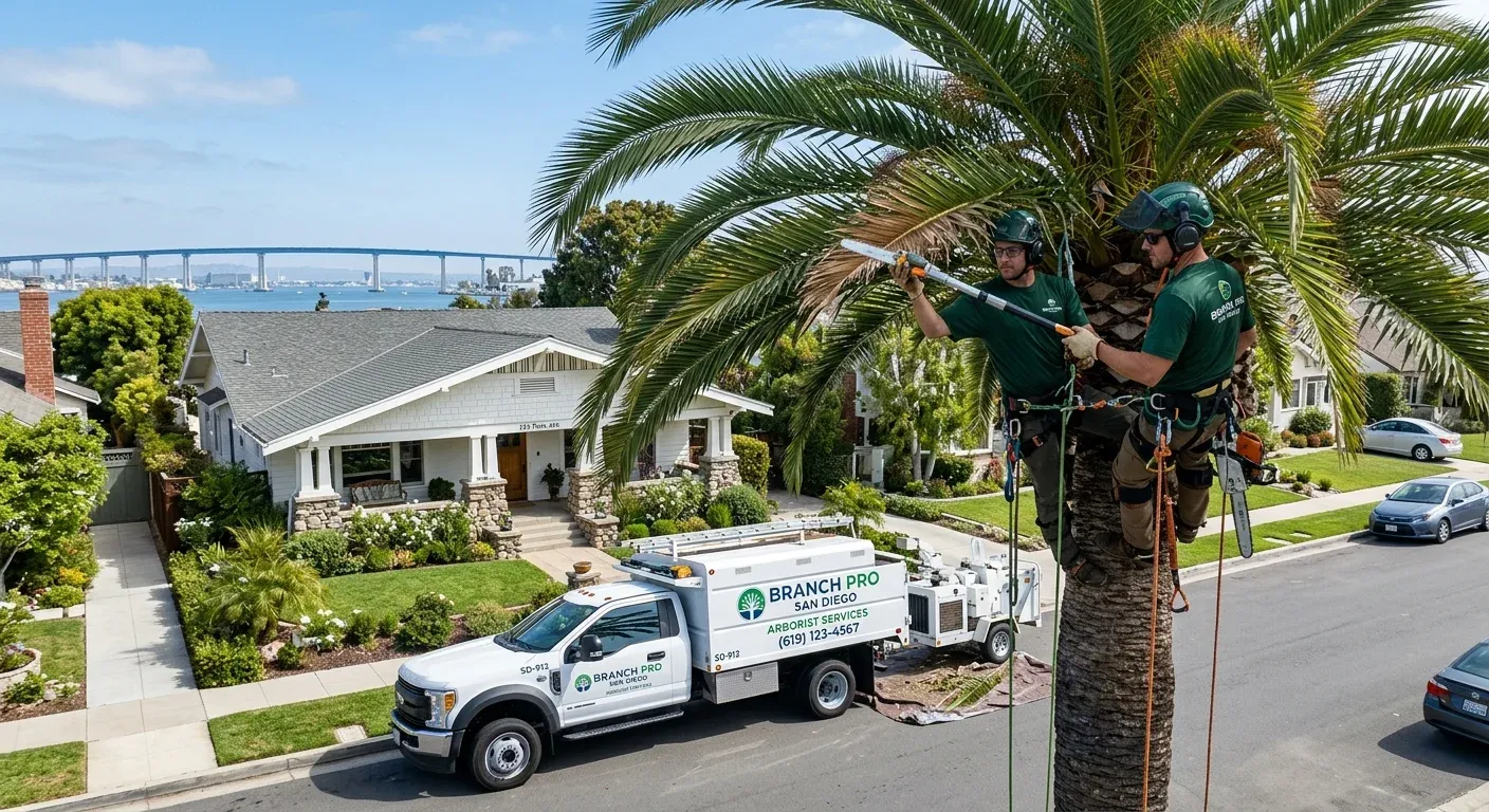 A pristine Branch Pro San Diego truck parked on a clean street in Coronado, with an arborist carefully trimming a large palm tree in front of a classic home. The Coronado bridge could be faintly visible in the background.