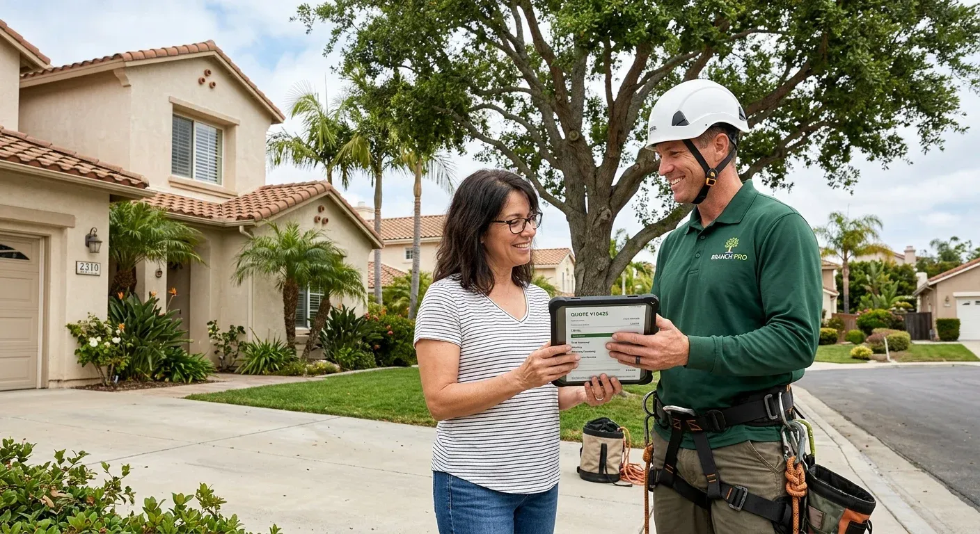 A friendly Branch Pro arborist providing a quote on a tablet to a homeowner in front of their suburban house in Oceanside, CA. A tree is visible in the background.