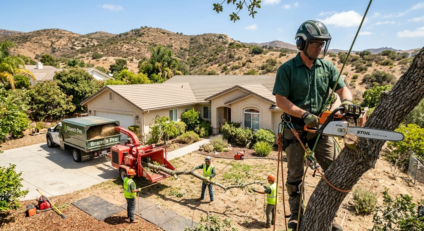 A Branch Pro tree crew working efficiently in the yard of a single-story home in El Cajon, with dry hills visible in the background under a sunny sky.