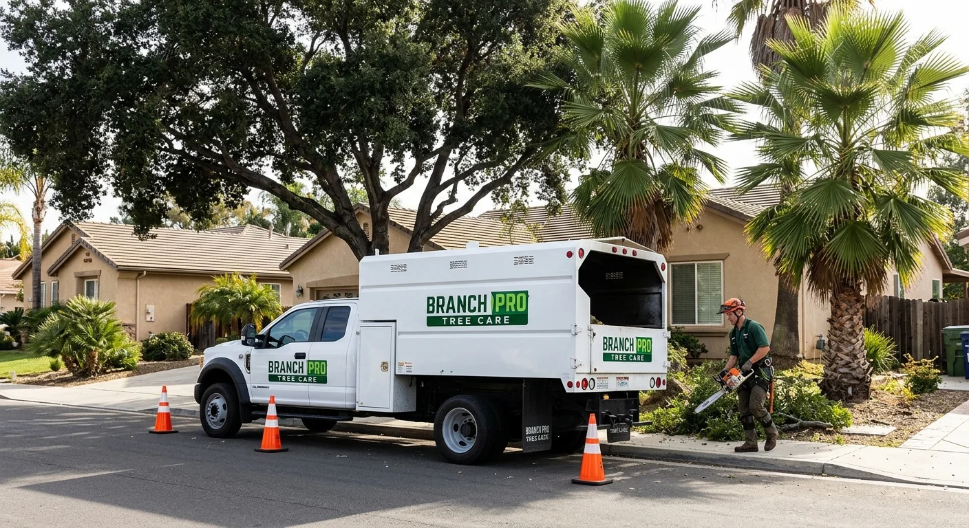 A Branch Pro truck parked near a home in Escondido with a mix of palm trees and mature oaks