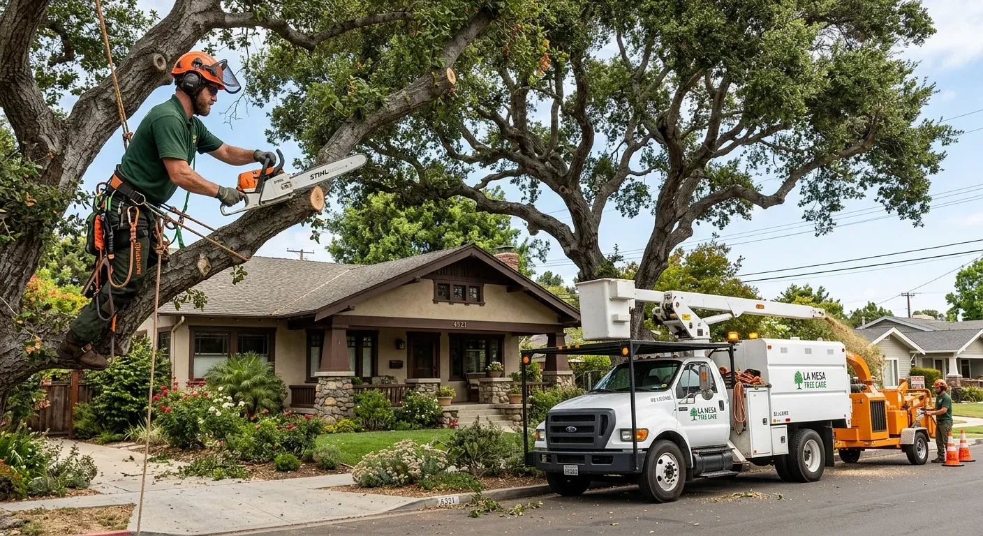 A tree service truck and chipper parked outside a craftsman-style La Mesa home with a mature oak being trimmed.