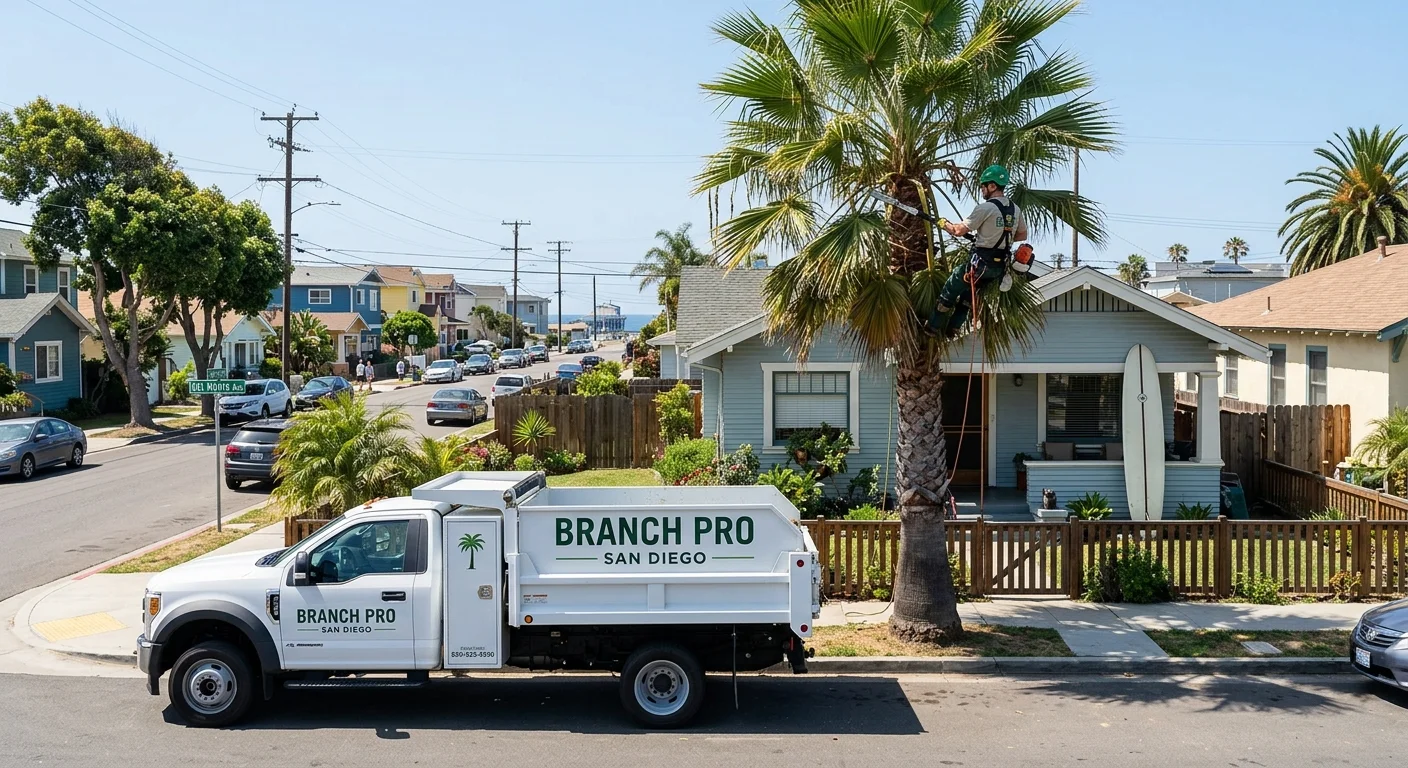 A clean Branch Pro San Diego truck on a sunny street in Ocean Beach, with an arborist carefully trimming a palm tree.