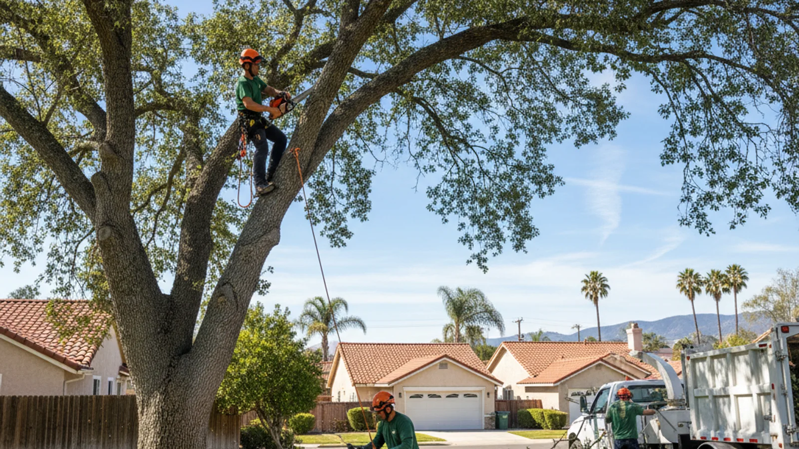 A Branch Pro crew trimming a mature coast live oak in a Rancho San Diego backyard, with dry East County hills in the background.