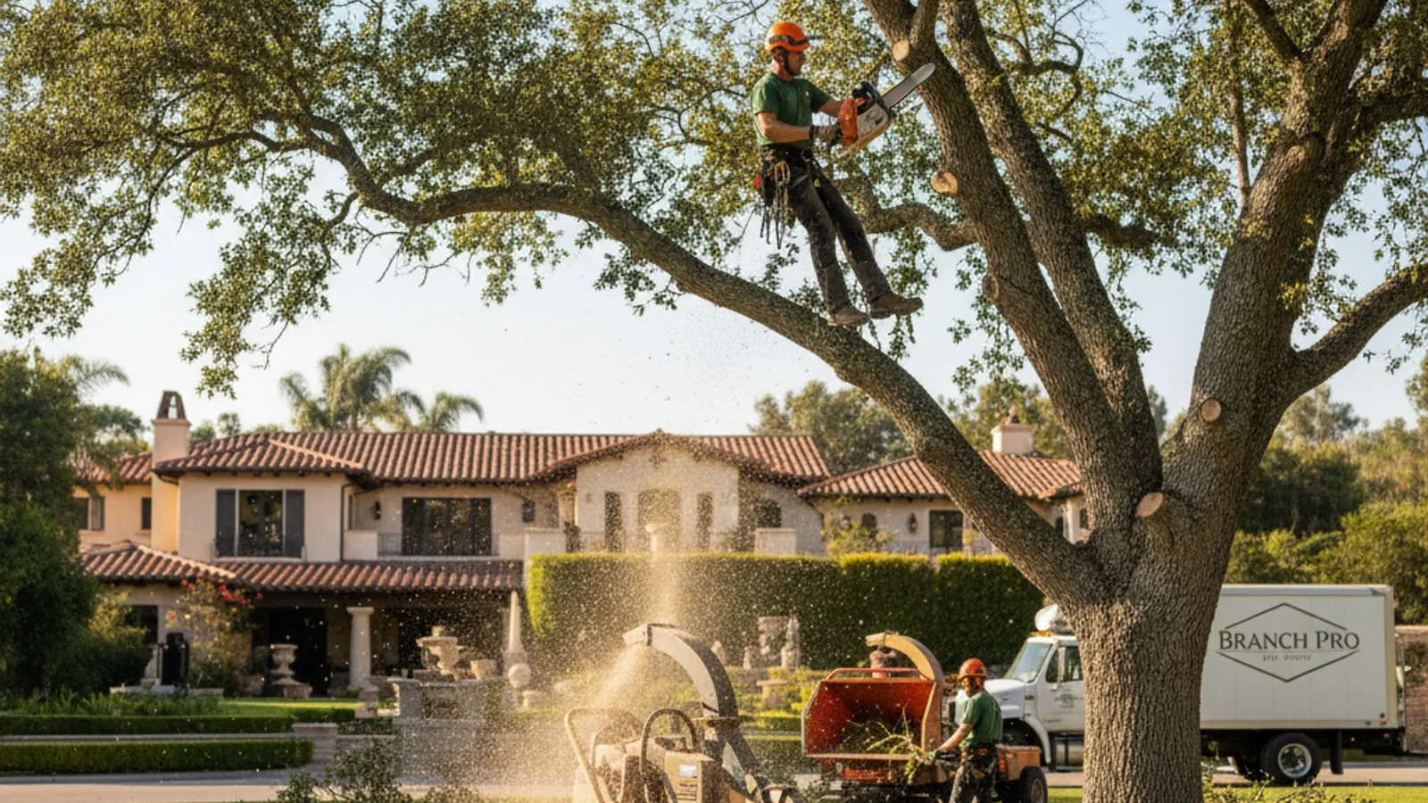 A Branch Pro arborist crown-reducing a heritage coast live oak on a manicured Rancho Santa Fe estate property at golden hour.