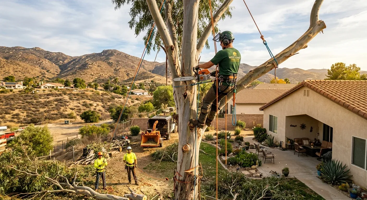 A tree crew removing a large eucalyptus from the backyard of a single-story Santee home, foothills in the background, warm afternoon light.
