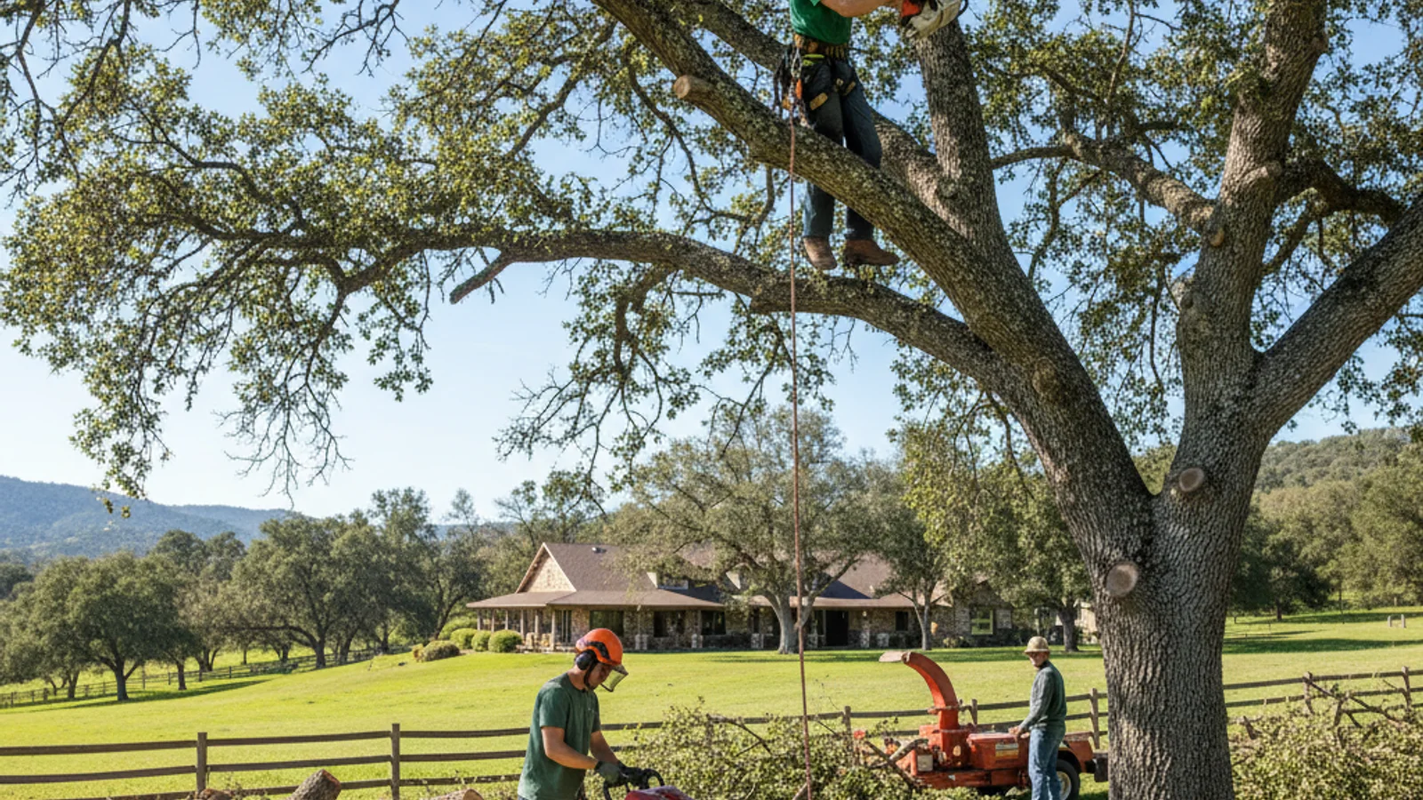A Branch Pro crew clearing brush and limbing trees on a rural Valley Center acreage property with avocado groves and dry hills behind.
