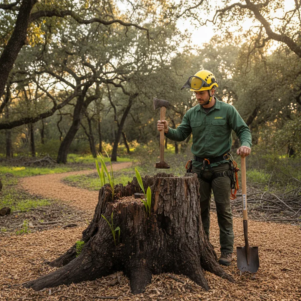 A freshly cut tree stump in a San Diego backyard, left behind after the tree was removed.