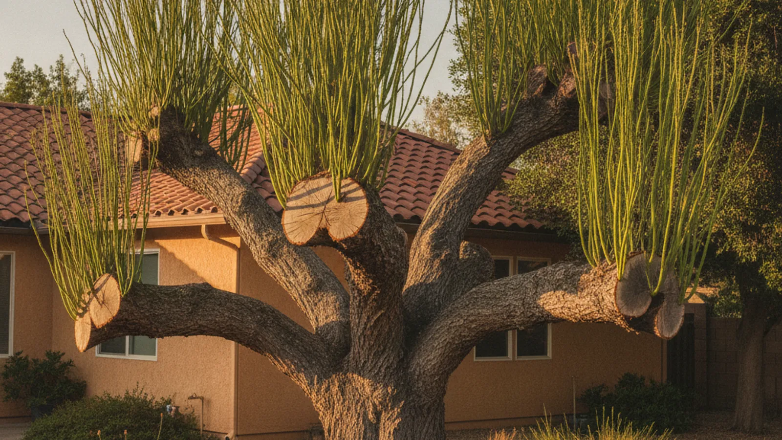 Un árbol con varios cortes grandes tipo muñón y brotes delgados como látigos creciendo de las heridas en un patio de San Diego