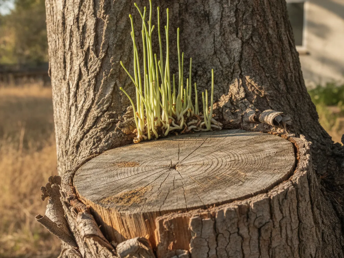 Primer plano de un corte plano y grande tipo muñón en el tronco de un árbol con brotes densos y débiles creciendo derecho desde la herida