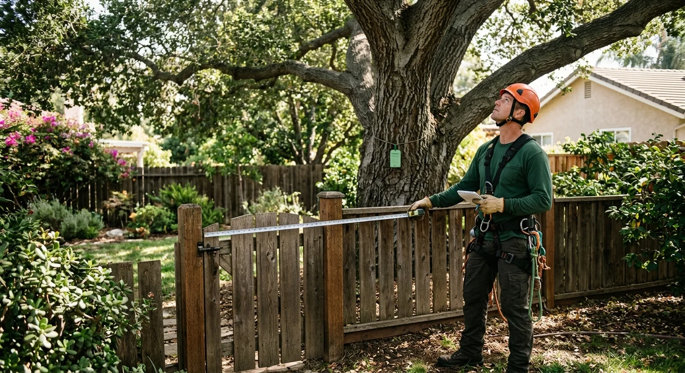 Person holding a tape across a wooden gate beside a mature tree trunk