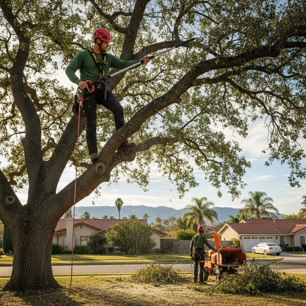 A professional arborist trimming a large tree in a Chula Vista backyard, showing the cost factors involved.
