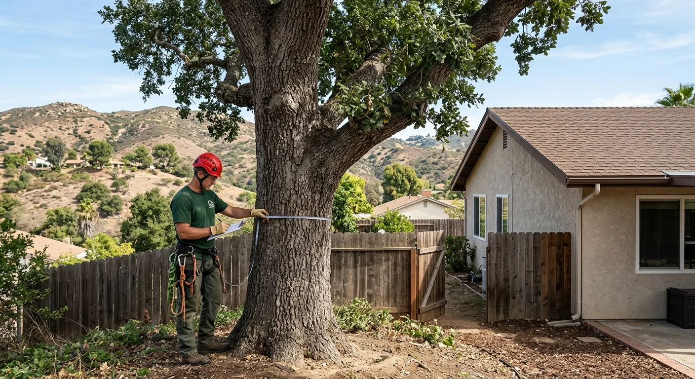 Person measuring a tree trunk beside a house and dry hills
