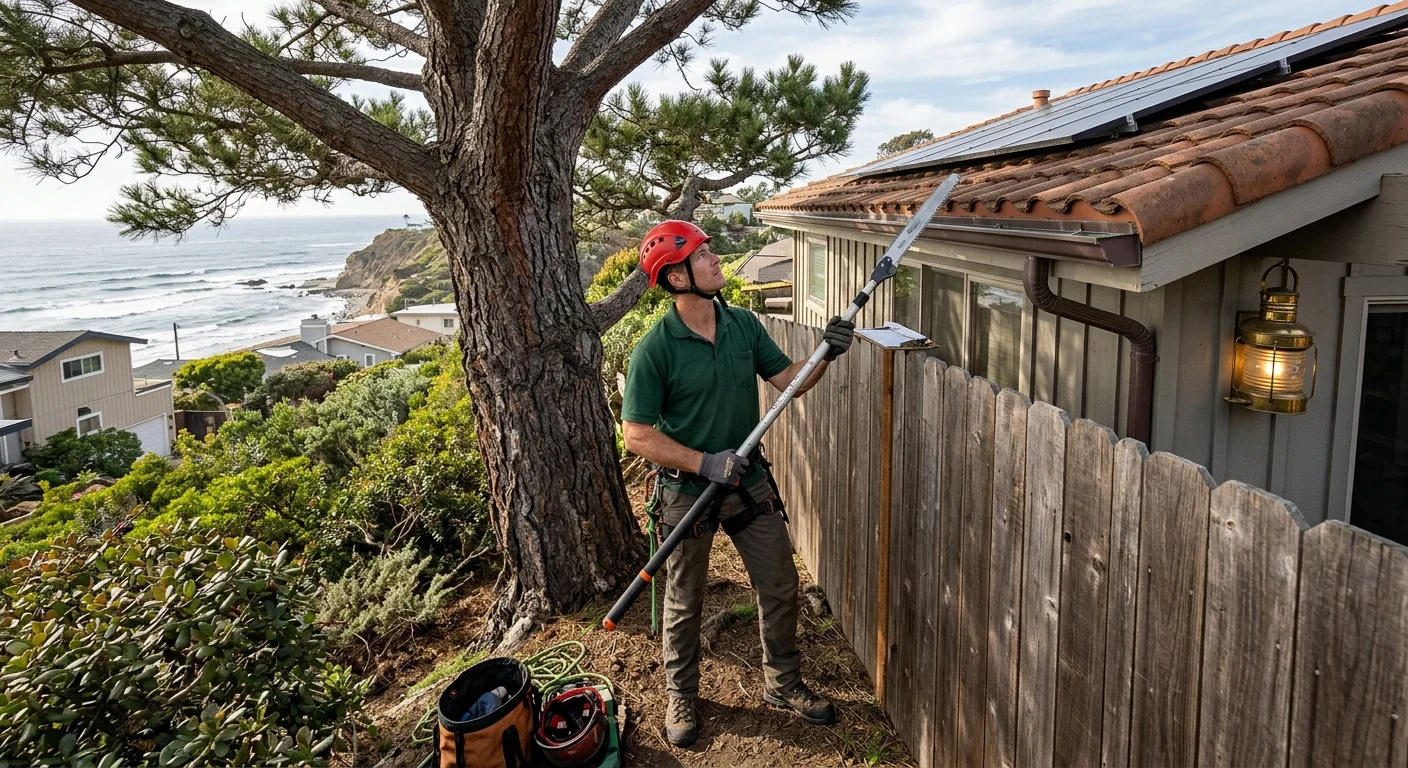 Independent tree professional assessing trim access on a tight Encinitas coastal lot