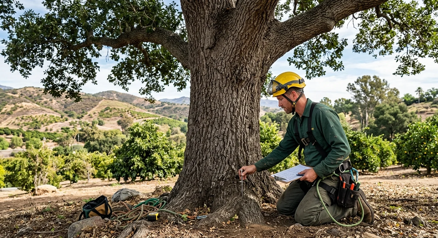 A person kneeling beside a tree with a clipboard and narrow tool