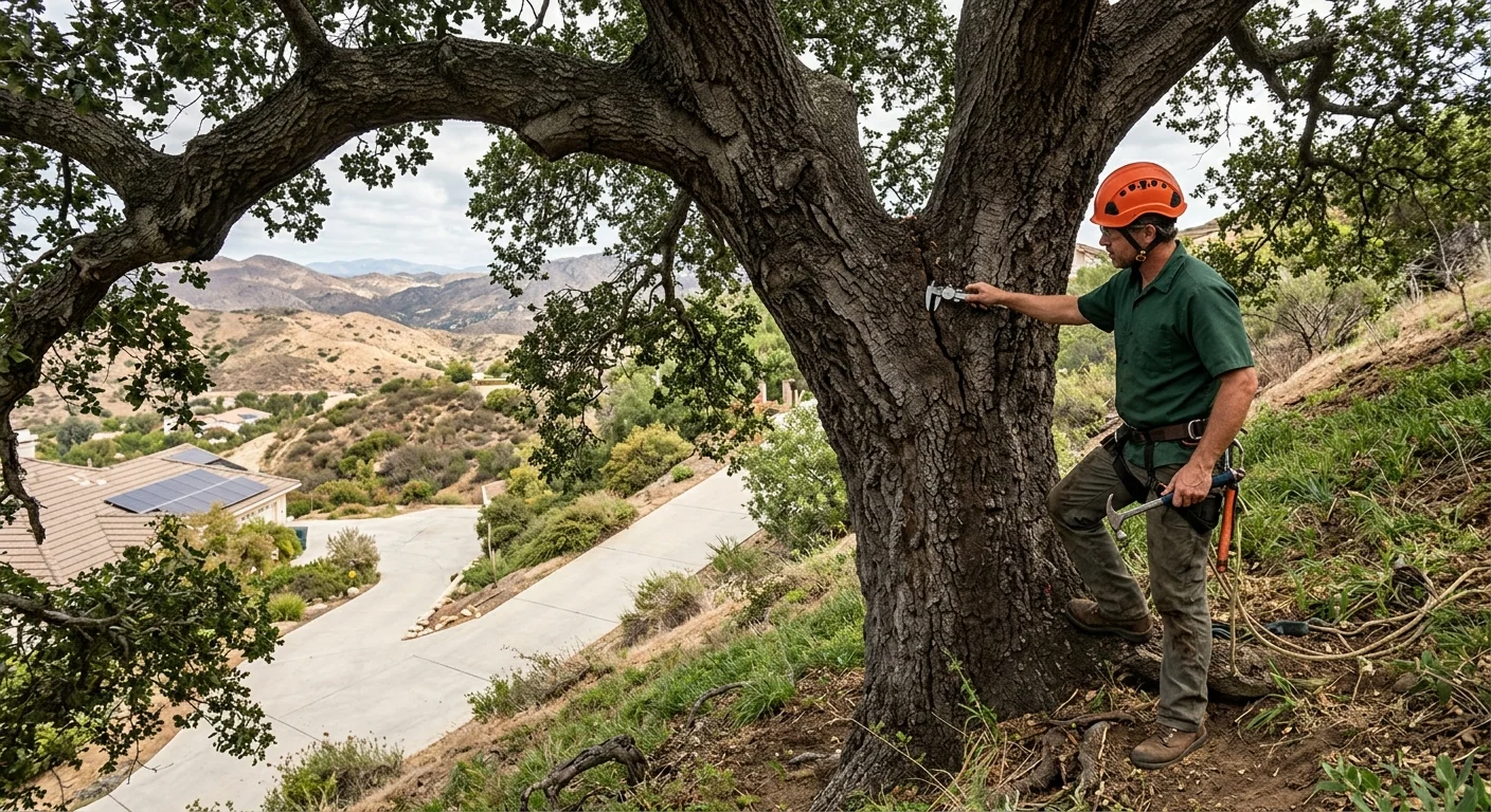 Independent tree professional assessing a mature oak on a sloped lot beside a house and driveway