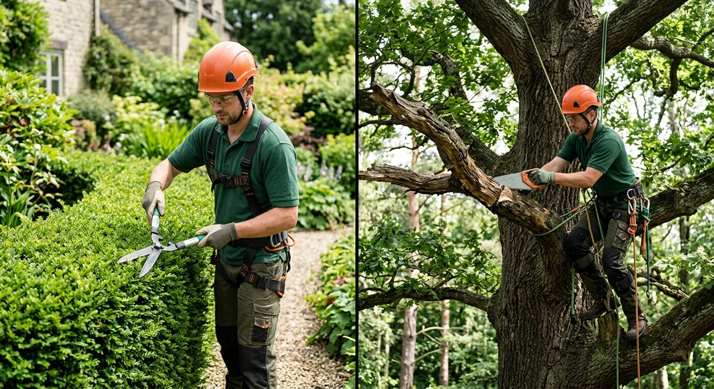 A split-screen image. On the left, an arborist is carefully shaping a hedge with shears (trimming). On the right, an arborist is using a handsaw to remove a dead branch from a large oak tree (pruning).