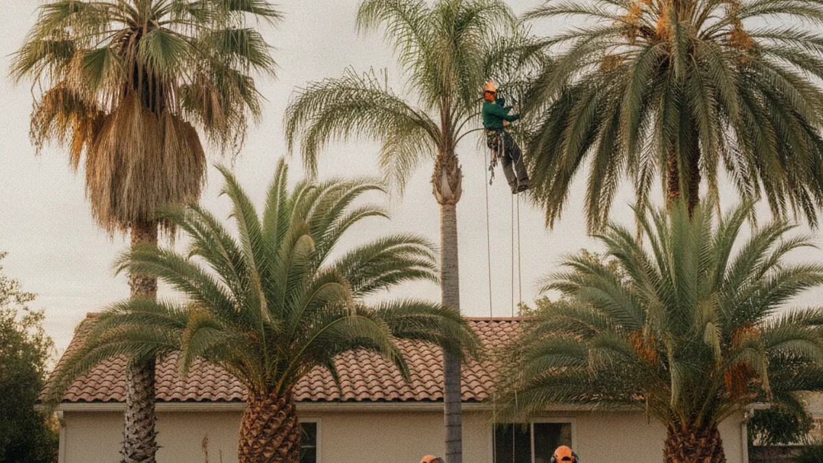 Four different palm tree species growing in a San Diego residential yard, showing distinct trunk shapes and frond types