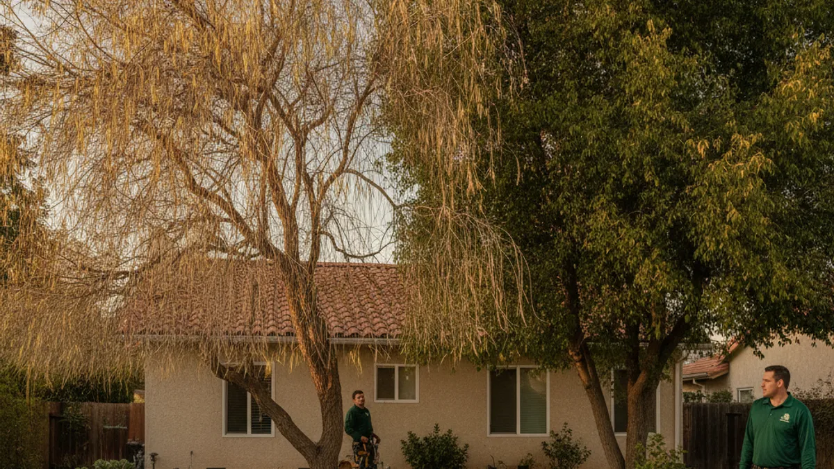 A stressed weeping willow tree with sparse, yellowing foliage next to a healthier drought-tolerant tree in a San Diego yard