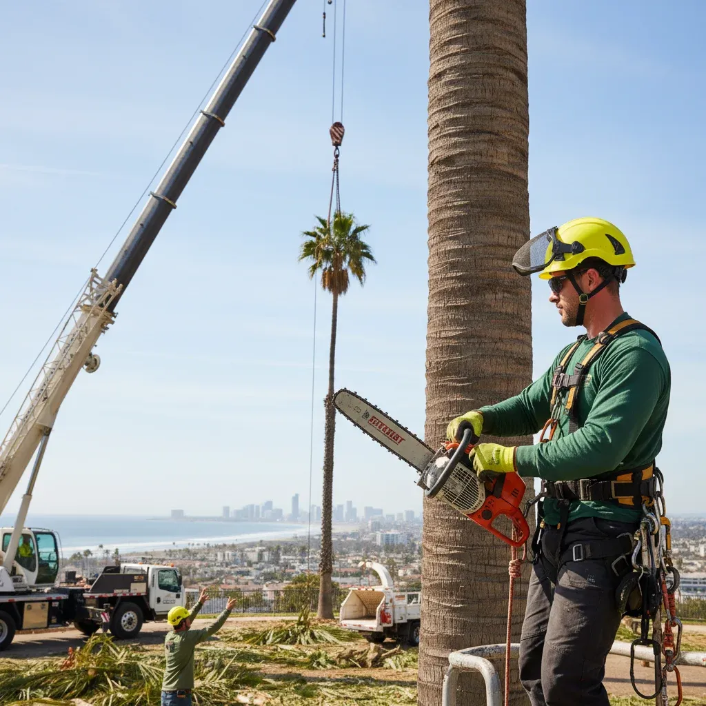 A large crane lifting a section of a tree over a house in San Diego during removal.