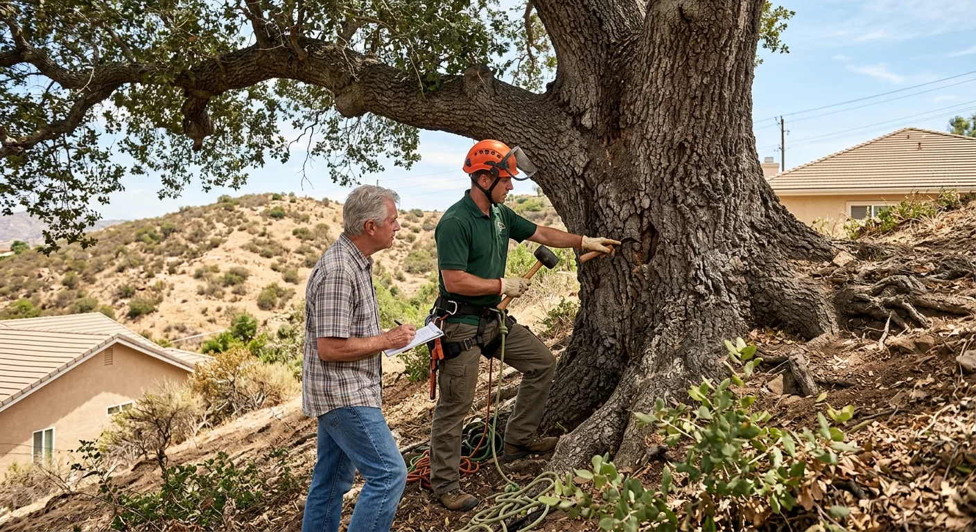 Independent arborist examining a mature oak with a homeowner on a sloped inland lot