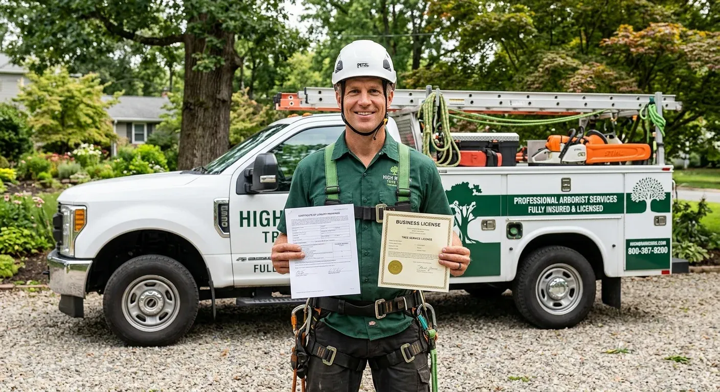 An arborist in full safety gear, holding a certificate of insurance and a business license, smiling confidently in front of a clean company truck.