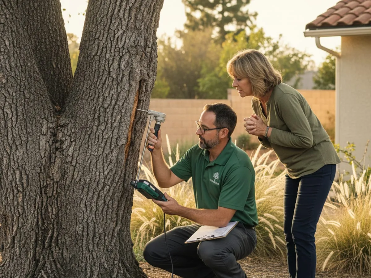 ISA-certified arborist inspecting a mature oak tree with a measuring tape in San Diego