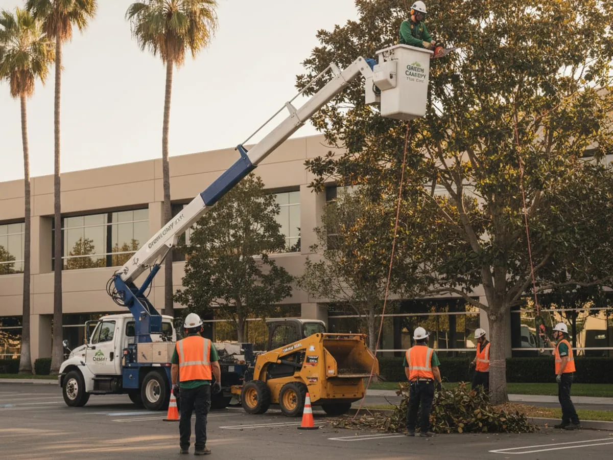 Commercial tree service crew working a San Diego HOA common-area tree trimming route