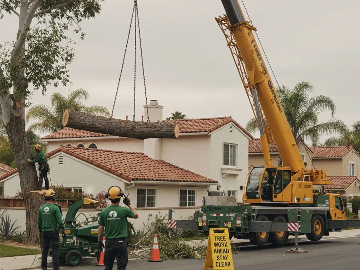 Crane lifting out the top section of a large tree during removal in a San Diego backyard